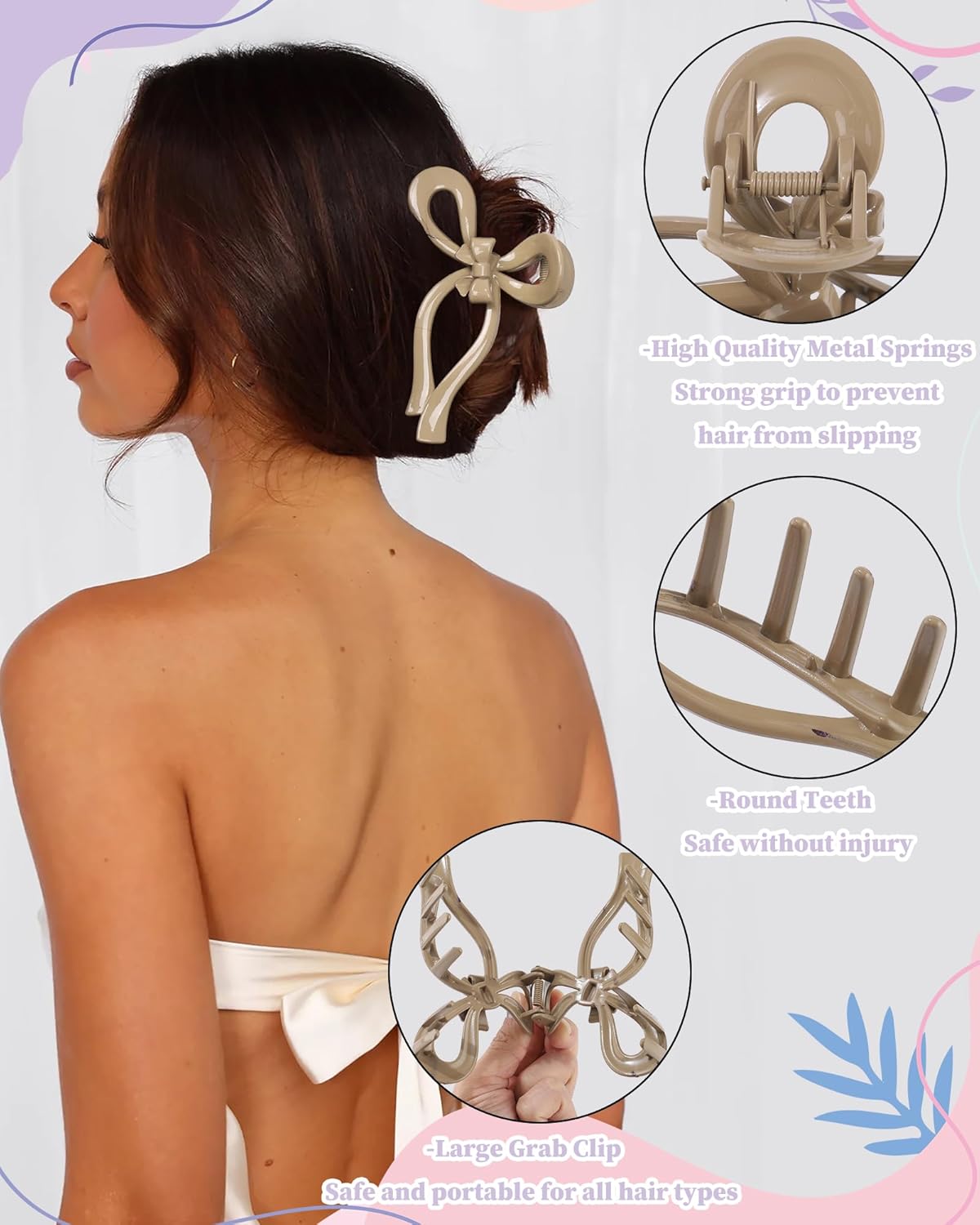 4 PCS Bow Hair Clips Bow Claw Clip for Women Nonslip Large Hair Claw Clips for Thin and Thick Hair Strong Hold Hair Bows (Black White Brown Pink)